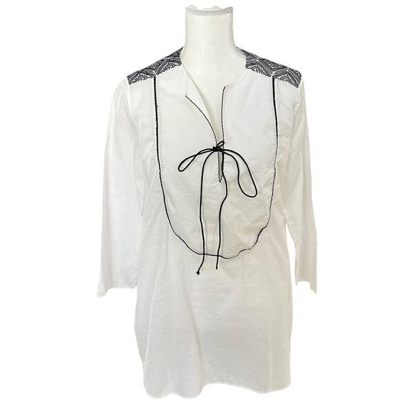 Theory White Black Cotton Lawn Jalinnie Popover Tunic V Neck Top Size Medium - Picture 5 of 14